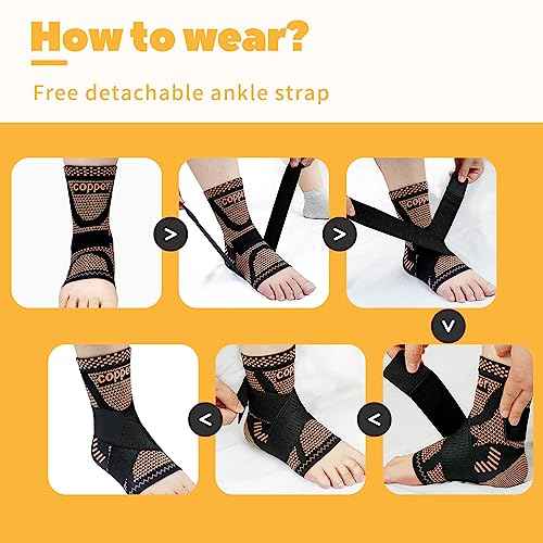 JIUFENTIAN Copper Ankle Brace Adjustable Compression Sleeve (Pair)-Ankle Support Heel Brace for Achilles Tendonitis, Plantar Fasciitis-Eases Swelling and Sprained Ankle(Large)