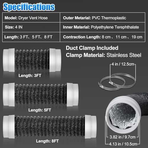Builimeer 4INx3FT Heavy-Duty Flexible Dryer Vent Hose – 4" Diameter, 3ft