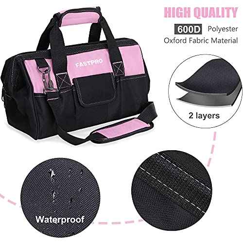 FASTPRO 14-Inch Pink Tool Bag for Women, Zip-top Wide Mouth Open Tool Organizer, with Adjustable Shoulder Strap