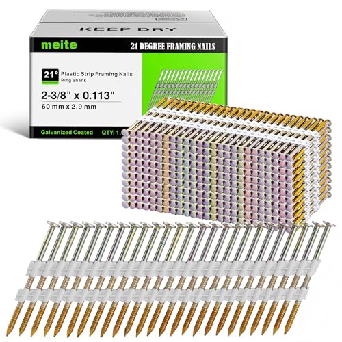 Meite 21 Degree Ring Shank Framing Nails 2-3/8 Inch Galvanized Full Head 1,000PCS