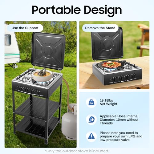 Portable 4-Burner Gas Stove with Double Shelves - Indoor/Outdoor Cooking