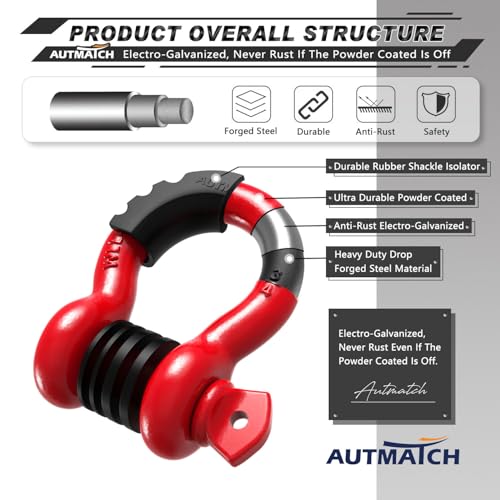 AUTMATCH 3/4" Red D Ring Shackles 2-Pack Heavy Duty Tow Hooks 41,887 lbs