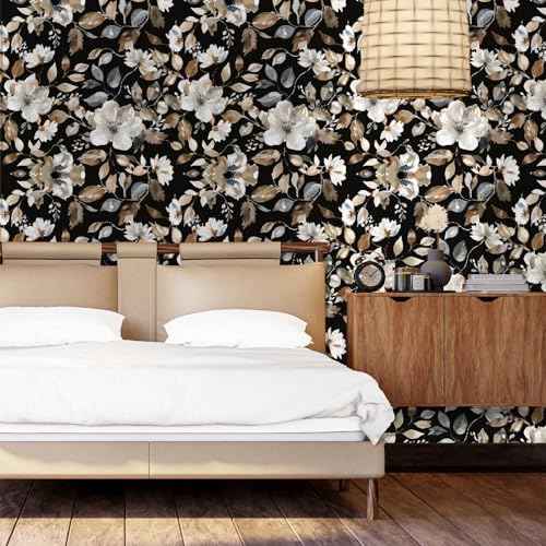 Vintage Dark Black Floral Peel and Stick Wallpaper Modern Botanical Flower Waterproof Removable Self Adhesive Vinyl Contact Wall Paper for Farmhouse Bathroom 17.7" X 354" Roll