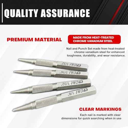 C&T 4-Piece Nail and Punch Set, 1/32, 1/16, 3/32, 1/8Inch, Nail Setter Punch & Center Punch Set, Professional woodworking and carpentry tool kit