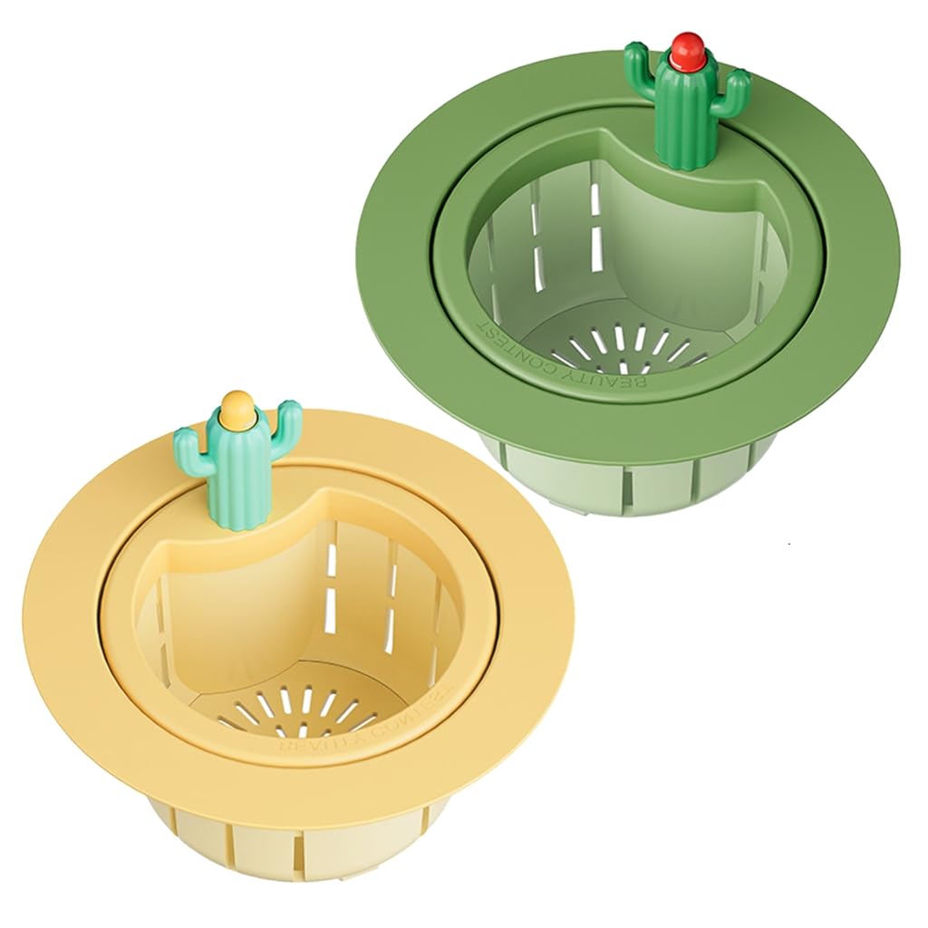 Cactus Kitchen Sink Drain Strainer Press to Dump Basket Waste Collector Fun Sink Accessory for Home Bathroom (YellowGreen-widened gasket-2)