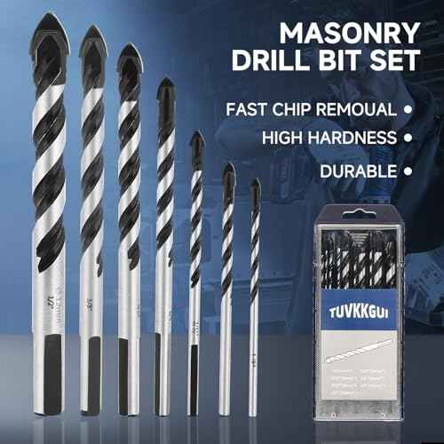 10PCS Masonry Drill Bit Set, Carbide Tip for Concrete/Brick/Tile/Glass/Wood/Etc, Industrial Strength, Includes Sizes: 1/8" - 1/2" by Tuvkkgui