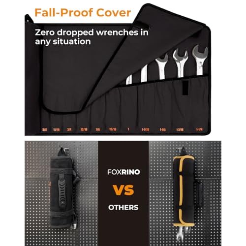 Wrench Roll, Wrench Roll Up Pouch, Gifts for Men Father Dad Mechanic, Heavy Duty Canvas Wrench Organizer Bag (Black, 17+1 SAE)