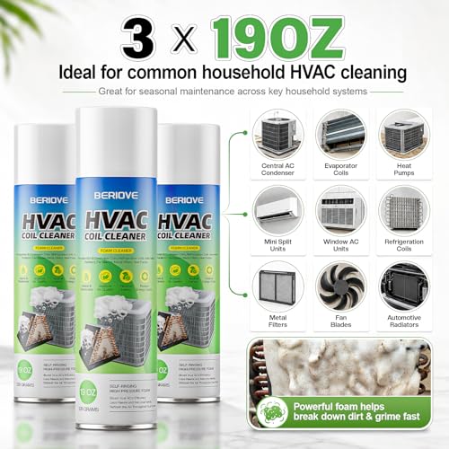 BERlOVE 57oz Pack of 3 Foaming AC Coil Cleaner for Evaporators & Condensers - No-Rinse, Deep Cleaning