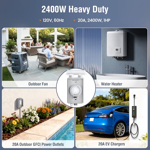 20A Heavy Duty Outdoor Mechanical Timer Switch - 2400W Hardwired Control