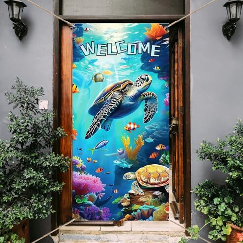 arricraft 1 Pc Welcome Theme Turtle Door Cover, Summer Beach Door Banner Nautical Porch Banner Ocean Animal Party Decorations Polyester Sign for Party Supplies 35.4x72.8 inch(90x185cm)