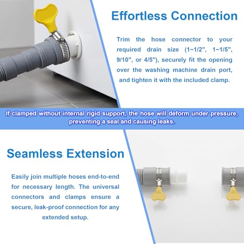 Universal 6.5ft Corrugated Washing Machine Drain Hose Extension Kit with 4 Clamps, Adapter & U-Bracket