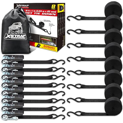 XSTRAP STANDARD 8-Pack 1x10ft Ratchet Tie Down Straps Black - Cargo Securing