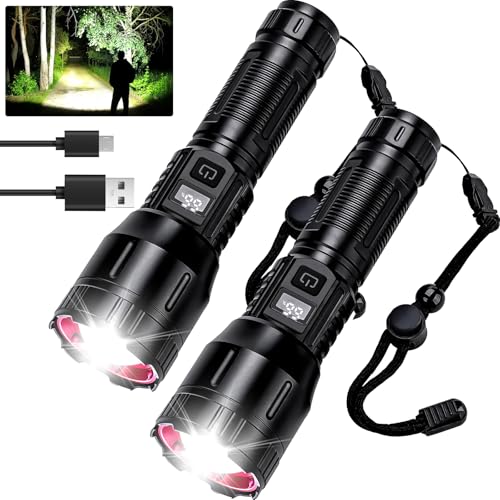 Flashlights High Lumens Rechargeable 2 Packs, 990,000L Handheld Tactical LED Strong Flash Light, Battery Powered Super Bright Flashlight with USB C, 3 Modes, Zoomable, USB Output for Home, Emergency