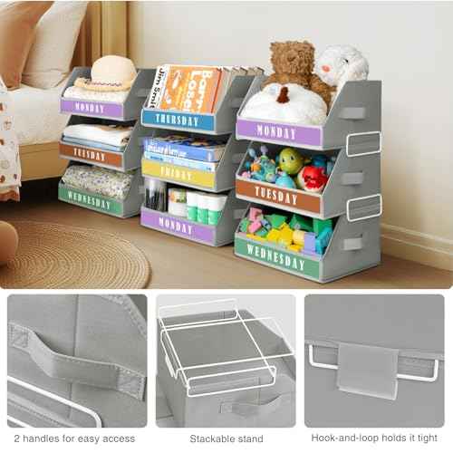 Closet Organizers and Storage - 5 Tier Shelf Organizer wiht Weekly Labels, Stackable Storage Bins with Metal Frame, Foldable Cube Bins, Home Baskets for Kids and Adults, Grey