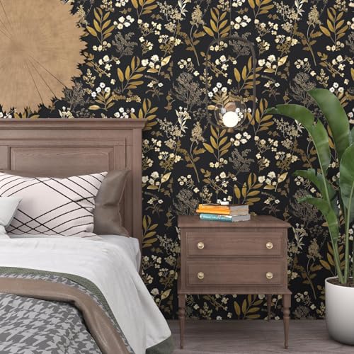 Laatse Vintage Floral Peel and Stick Wallpaper Black & Gold 17.5"x393" - Removable Wall Covering