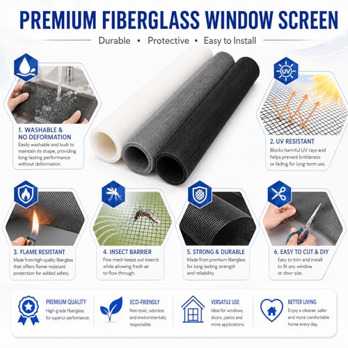 Furloroyal 48x118 Black Fiberglass Window Screen Replacement Mesh - Durable & High Visibility