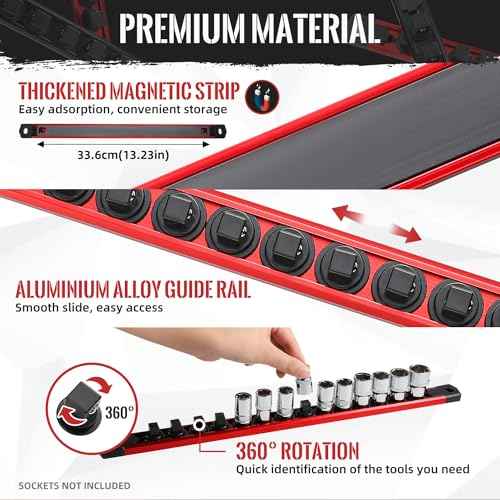Magnetic Socket Organizer, 3-Piece Heavty Duty Aluminum Socket Holder, Socket Rail for Tool Box, Premium Quality 360¡Æ Swivel Socket Rack Kit with 40 Clips for 1/2, 3/8, 1/4-Inch(Red)
