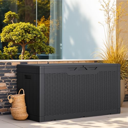 Greesum 100 Gallon Black Outdoor Storage Box with Lid, Lockable & Waterproof