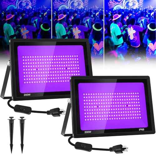 T-SUN 200W Black Lights Outdoor, 3 Brightness Modes Black Light Flood Light with Plug, Halloween Blacklight, IP66 Waterproof LED Flood Light for Glow Party Body Paint Fluorescent Poster Stage