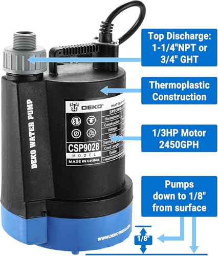 DEKOPRO 1/3HP Submersible Utility Water Pump 2450 GPH for Pool Pond Basement