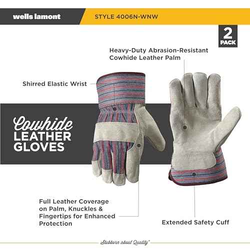Wells Lamont 2 Pair Pack Men's Leather Work Gloves with Heavy Duty Reinforced Palms, Large (4006N-WNW), Grey