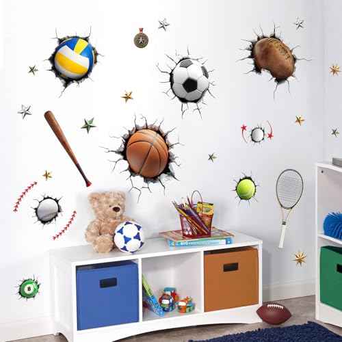 Sports Wall Decals for Boys Room, 3D Sports Basketball Soccer Football Baseball Wall Stickers Art Decor Kids Girls Children Teenage Baby Toddler Bathroom Bedroom Nursery Classroom