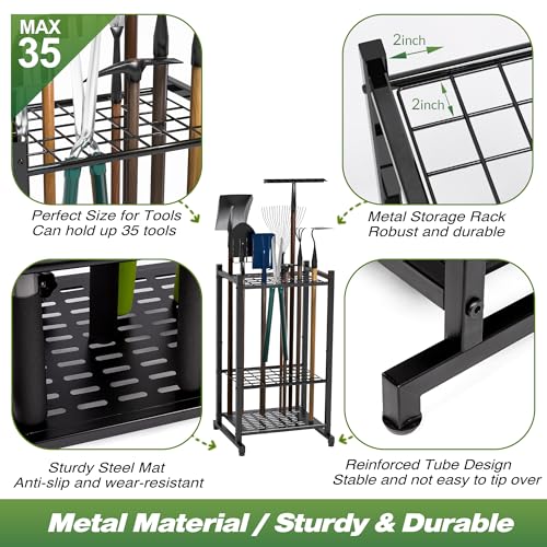 Sttoraboks Heavy Duty Steel Garden & Garage Tool Organizer Rack - 35 Slots, Broom & Mop Holder, Durable Storage for Lawn, Garden & Cleaning Tools