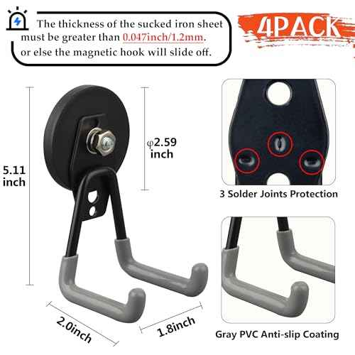 ULIBERMAGNET Heavy Duty Magnetic Hooks,Strong Large Magnet Hooks for Power Drill,Garden Tools, Hose,Pegboard,Garage,Workshop,4 Pack Magnetic Storage Hooks for Indoor Outdoor Hanging(Gray)