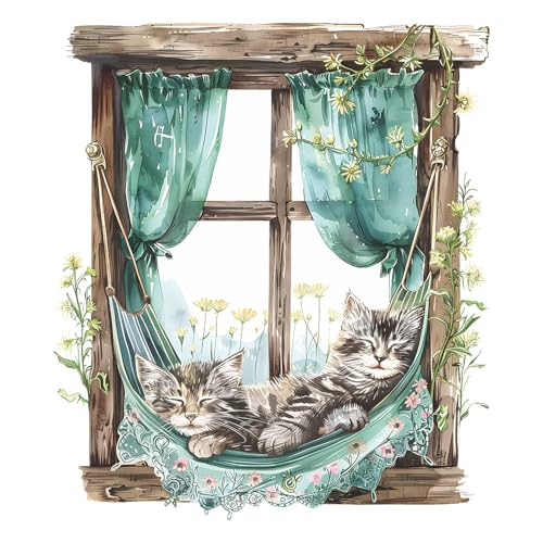BooDecal 19.6 x 22.4 inches Cute Lazy Cats Fake Wooden Window Removable Wall Decals Flowers Wall Stickers for Childrens Playroom Nursery Bathroom
