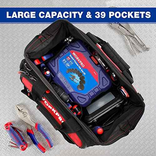 WORKPRO 16" Top Wide Mouth Tool Bag with Water Proof Rubber Base, Multi-Compartment, 46 Pockets, For Tool Organizer & Storage, W081122A