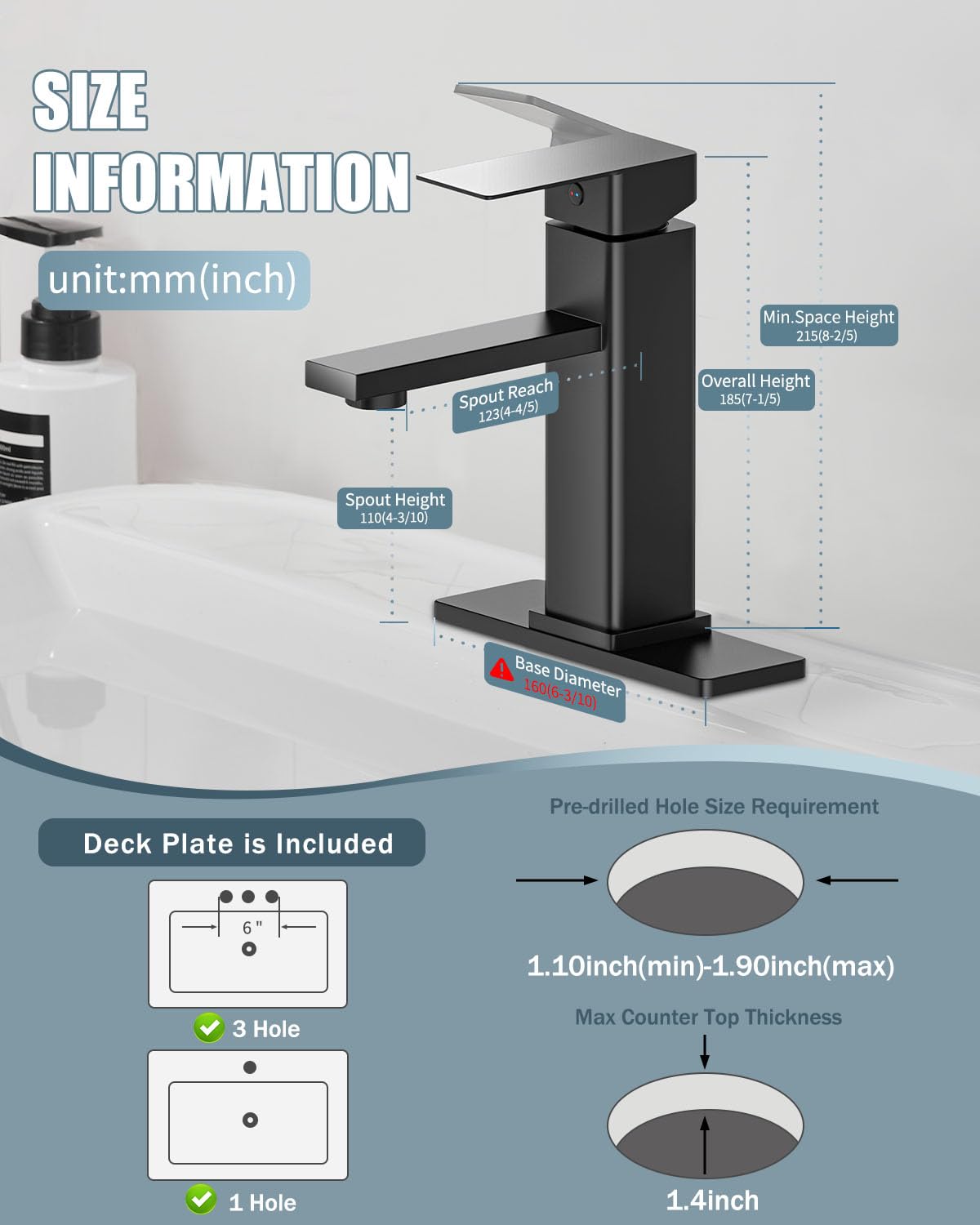 Casavilla Bathroom Faucets Set with Pop Up Drain, Modern Single Handle Black Bathroom Sink Faucet w/Deck Plate(1 or 3 Hole), Farmhouse RV Vanity Sink Faucet-2 Sets, baño lavamanos Llave