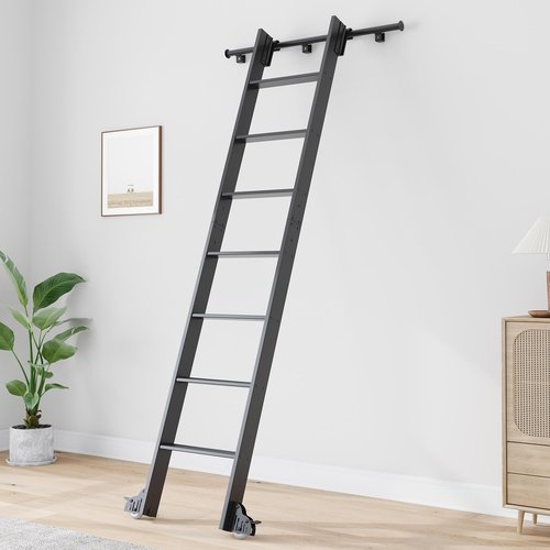 Fredbeck Aluminium Rolling Library Step Ladder 96" with 4FT Sliding Hardware Track Kit Bottom Wheel Included,for Kitchen,Loft,Warehouses,Bookstore,attic,Study Room,Dressing Room,Metal Black