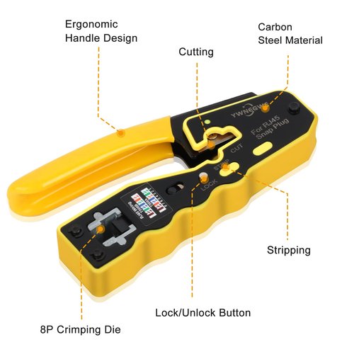 RJ45 Crimp Tool Kit Pass Through Crimper Stripper Cutter All-in-One Ethernet Crimper Tool for Cat5e Cat6 Cat6a 8P8C Pass Through Modular Plugs With 2 Replacement Blades