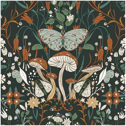 Mushroom Peel and Stick Wallpaper Vinatge Floral Contact paper 17.3" x 78.8" Self Adhesive Wallpaper Removable Dark Forest Vintage Mushroom Wall Paper for Bathroom Bedroom Kitchen Art Decor Vinyl