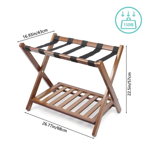 Smart FENDEE Fully Assembled Walnut Bamboo Luggage Rack with Shoe Shelf, Folding Suitcase Stand with 5 Heavy-Duty Straps, Large Wooden Luggage Holders for Guest Room, Ideal for Bedroom, Hotel
