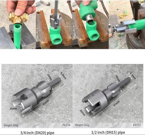 2 in 1 Integrated Internal & External Pipe Threading Tool 1/2 3/4 1 Npt 2025 Front Before PVC Pipe Re Threader Tool Electric Drill Thread Size Maker Kit for Plastic PPR Pipe Tap Die Set (3/4")