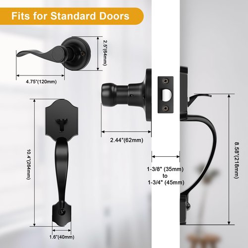 Probrico Black Heavy Duty Front Entry Handleset, Passage Lock Grip Handle with Wave Lever Keyless Door Locks, Interior and Exterior Entrance Door Handle with Reversible Handed Lever,1Pack