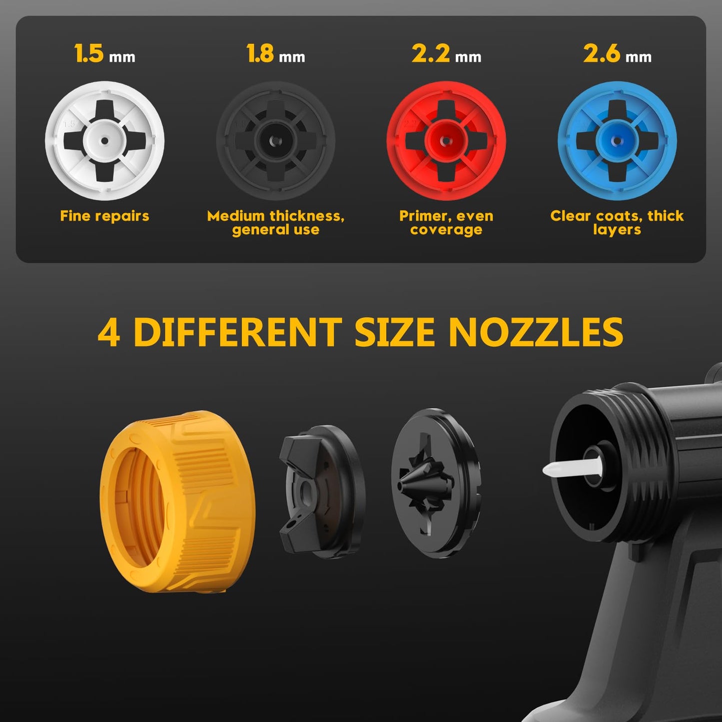 Brushless Cordless Paint Sprayer for Dewalt 20V Battery,4 Nozzles,150 Din/s Viscosity,1000ml/min Flow Rate & 1200ML Electric Paint Gun for Furniture, Walls (Battery Not Included) (Yellow)