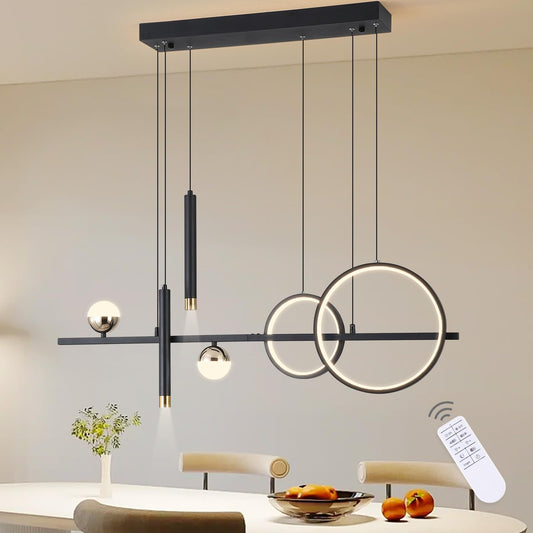 ORANOOR Modern LED Pendant Lights, Dimmable 39in Linear Wave LED Chandelier Lighting, Black & Gold Dining Room Hanging Light Fixtures Kitchen Island Globe Pendant Light for Dining Table (2704lm)