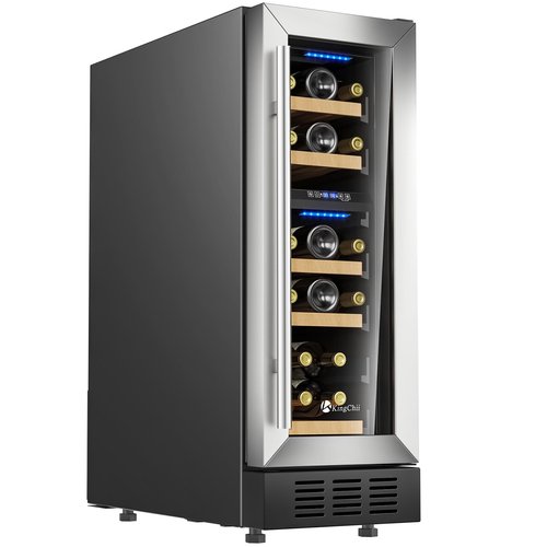 KingChii 12Inch 16 Bottle Dual Zone Wine Cooler Refrigerator Professional Compressor, Stainless Steel & Tempered Glass For Red Wine, Champagne - Built-in or Freestanding for Kitchen, or Office