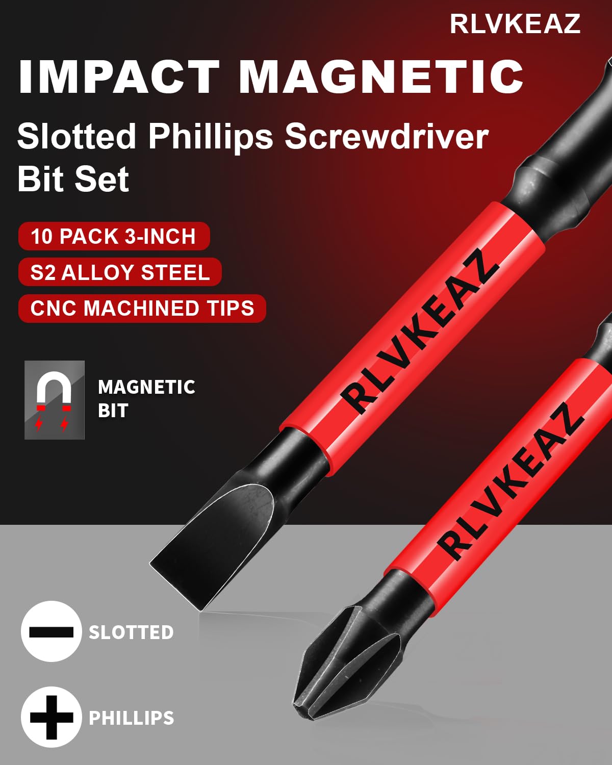 10-PCS 3" Long Magnetic Screwdriver Bits Set: Phillips Bits #1/#2/#3 & Slotted Head - S2 Alloy Steel, 1/4" Hex Shank for Impact Driver, Power Drill - Pro & DIY