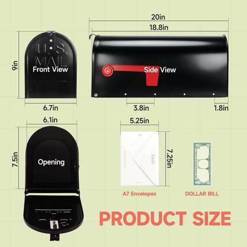 Zinovo Metal Post Mount Mailbox for House Outside,Galvanized Steel Medium Capacity Mail Box with Red Flag,Modern Weatherproof Mail Boxes,Black Residential Mailboxes,18.8 x 9 x 6.7 inches