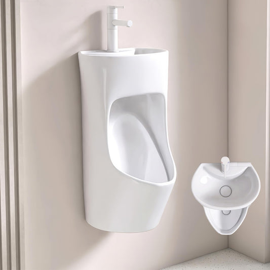 Runspich Modern Wall-Mounted Ceramic Urinal for Men with Built-in Sink, 2-in-1 Space Saving Design for Small Bathrooms & Restrooms, (White, Turn on the Tap to Flush)