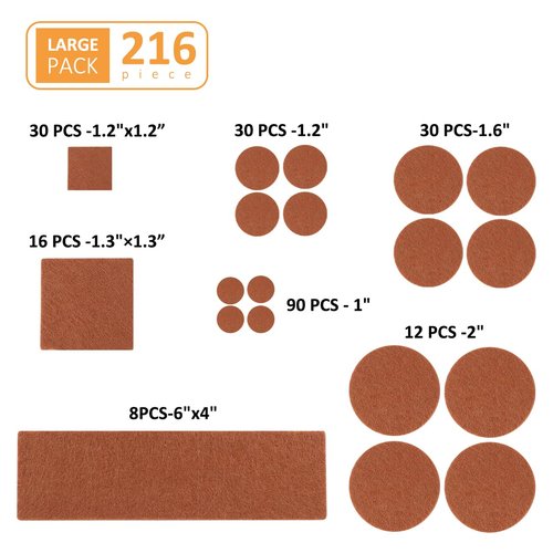 Felt Furniture Pads, 216 PCS Premium Furniture Pads, Self-Adhesive Wooden Hardwood Floor Non-Slip Stick-On Protectors with Box, Brown
