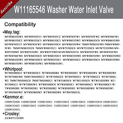 Washer Water Inlet Valve W11165546 for Maytag & Whirlpool – Compatible with MVWB765, MVWB835, MVW6230HW2