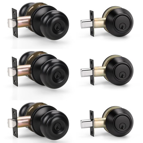 KNOBWELL 3 Pack Keyed Alike Entry Door Knobs and Single Cylinder Deadbolt Lock Combo Set Security for Exterior and Front Door, Keyed Entry Door Locksets with Deadbolt, Matte Black Finish