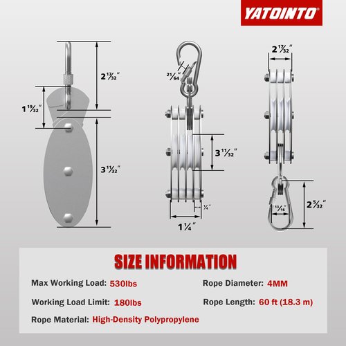 YATOINTO Upgraded Rope Hoist Pulley System, 530LB Pulley Block and Tackle, 7:1 Ratio Lifting Power 60ft, Pulley Block for Hunting Deer Hoist Kayak Lifting Objects Garage Warehouses Building