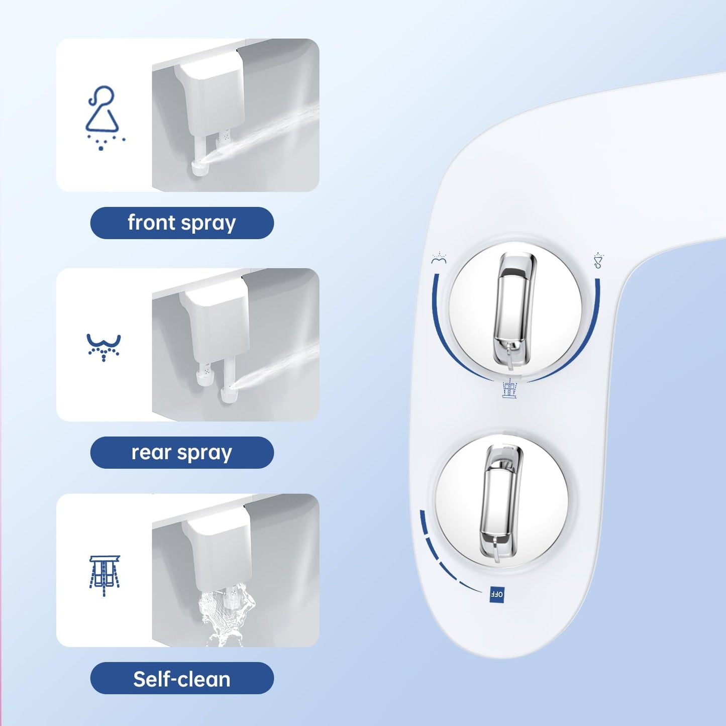 Homfan Toilet Bidet Attachment, Non-Electric Dual Nozzle (Feminine/Bidet Wash), Self-Cleaning Fresh Cold Water Sprayer Bidets for Toilets with Adjustable Water Pressure (Dual Knob, Chrome)