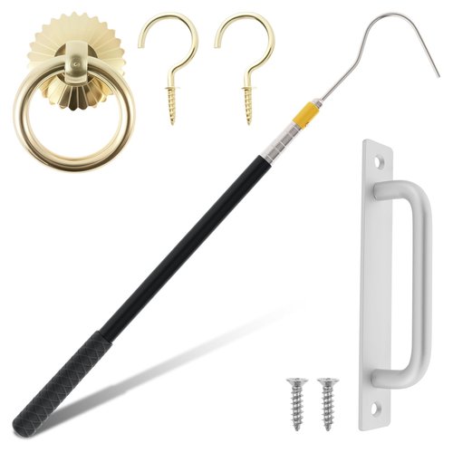 MABCIRY Stainless Steel Attic Pull System Hook Set with Handle Screw, Ladder Pull down System Kit, Brass Ring for Roof Inspections Attic, Ceiling Access Parts Tool