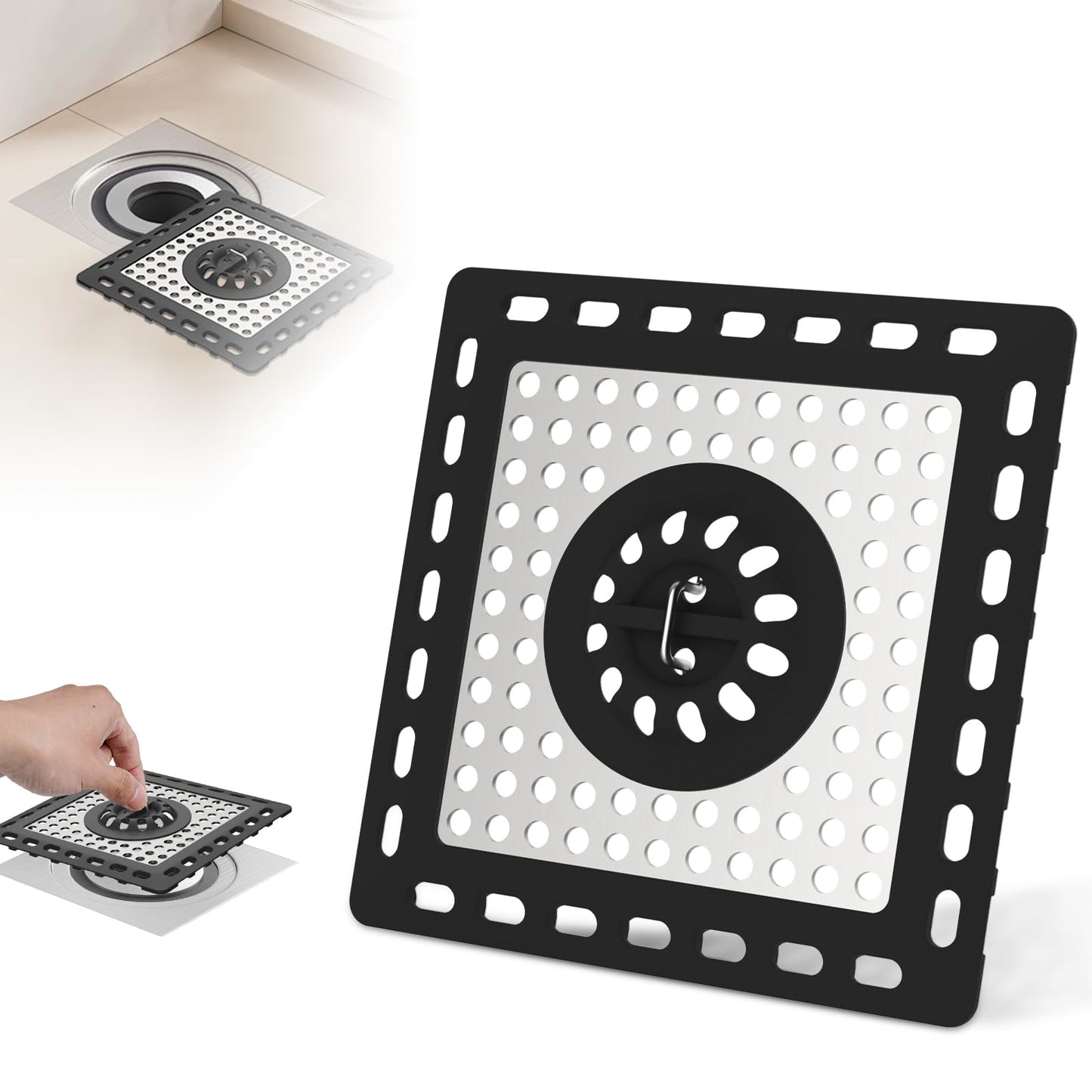Hibbent Upgraded Shower Drain Hair Catcher, Shower Drain Cover for Bathroom Floor 4" Drain, Anti-Clogging Bathtub Drain Strainer, Stainless Steel Kitchen Sink Drain Strainer with Handle, Black